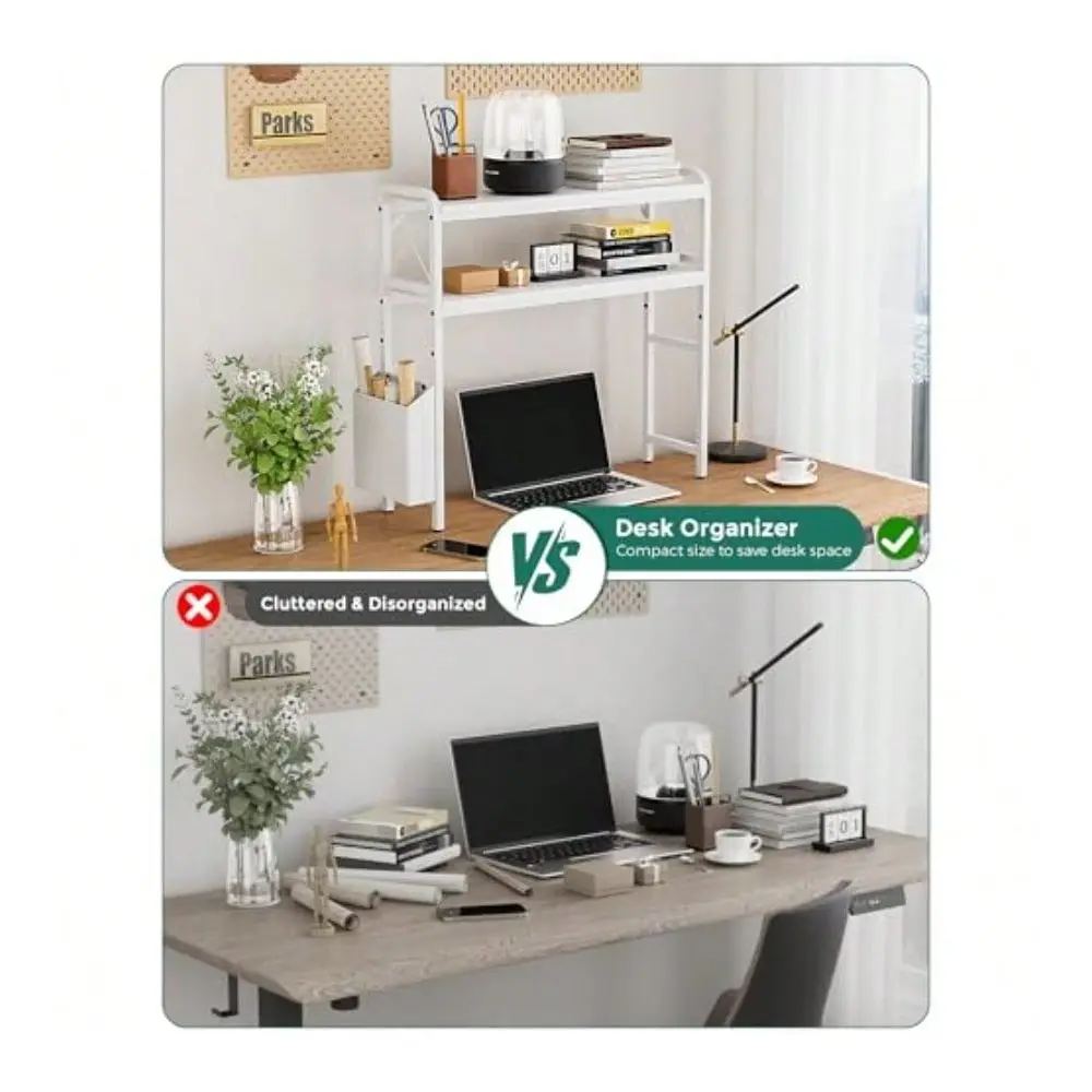 

Stationery Store Desktop Shelves Monitor Stand With Adjustable Shelves And Side Pockets 2Tier Desktop Bookshelf Organizer Large