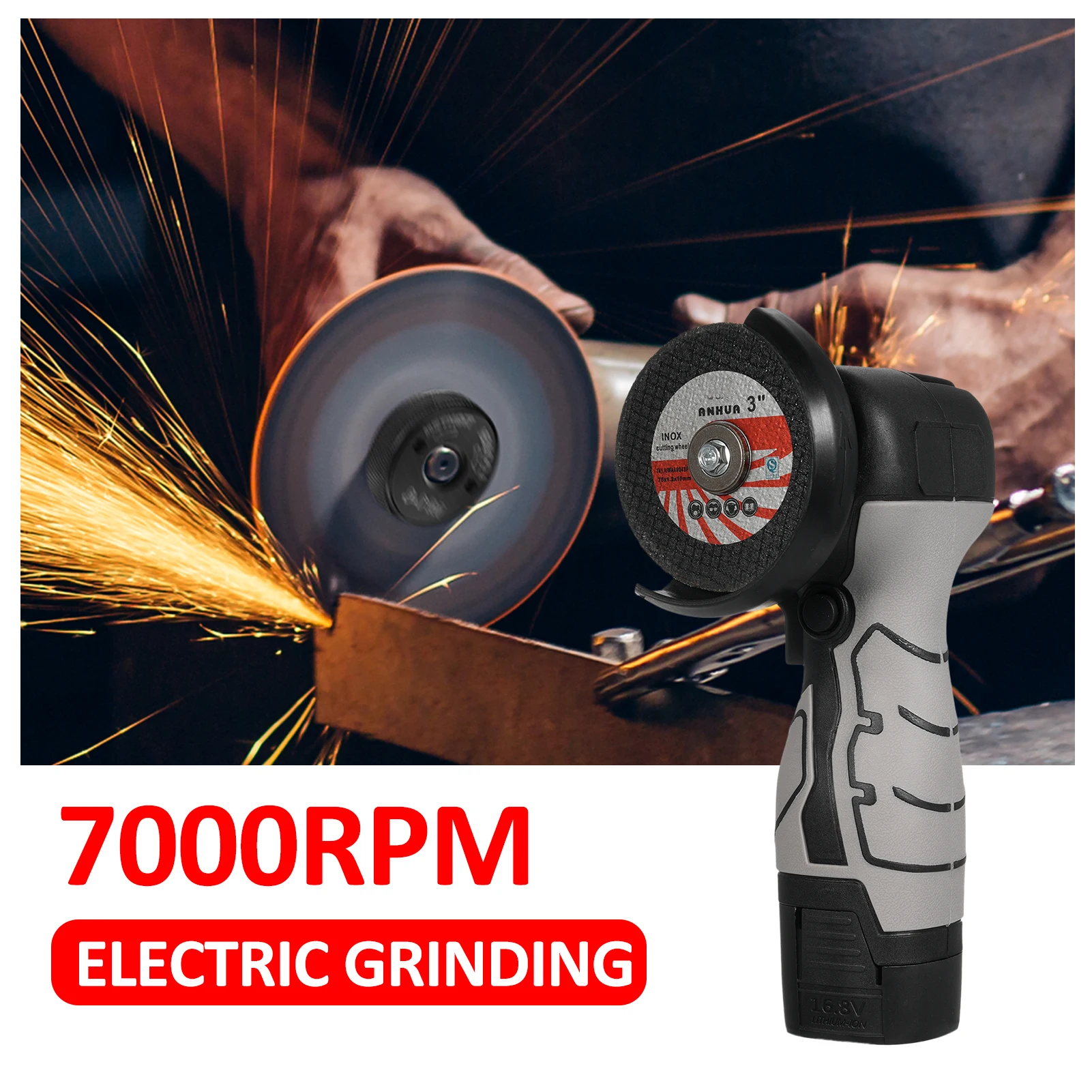 

Cordless Angle Grinder 7000RPM Electric Grinding Tool with 2Pcs 16.8V2000mAh Battery for Cutting Polished Brick Wood Stone Steel