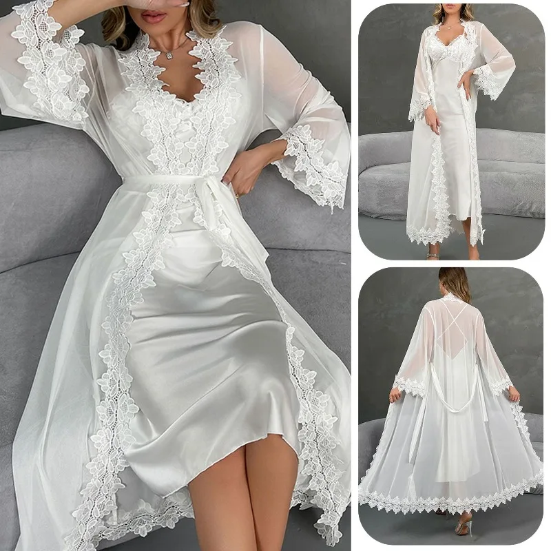 New Women's Two Piece Nightgown Set Sexy Pajamas with Cardigan for Comfortable Loungewear White Cami dress Robe L Size Sleepwear