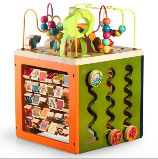 Children wooden bead maze toy Activity cube Multi functional intelligence cube toys for kids