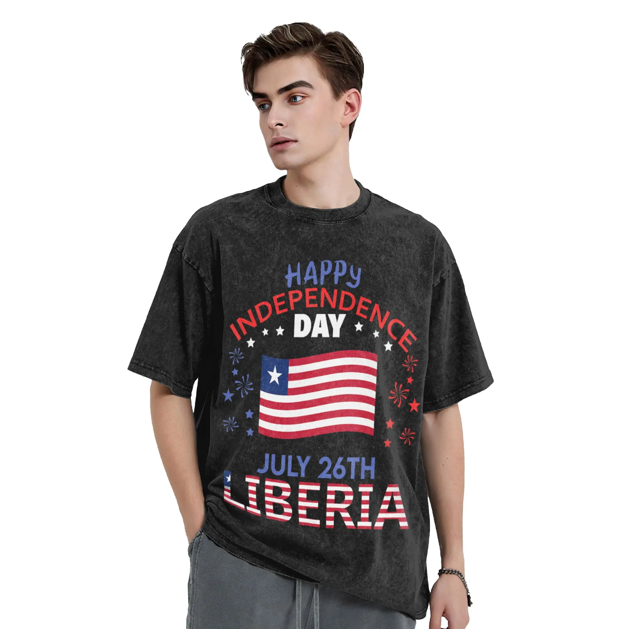 Happy Liberia Independence Day Liberia Liberian Flag Washed T Shirts Streetwear T-Shirt Tees Men Women Cotton Harajuku Summer