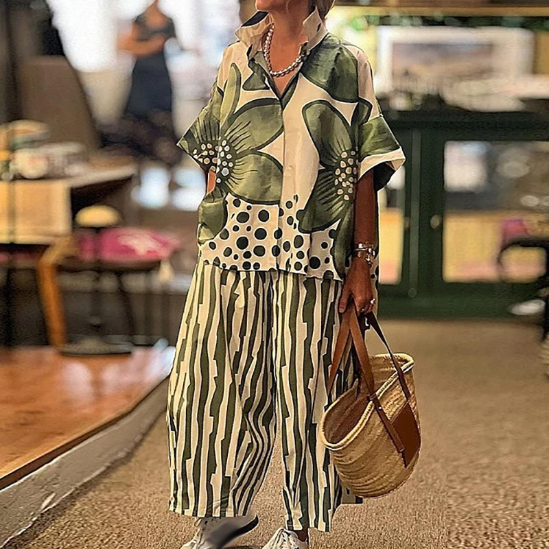 

Casual Women Lapel Short Sleeved Top and Long Pants Suit Summer Floral Print Loose Two Piece Set Vintage Street Bohemian Outfit
