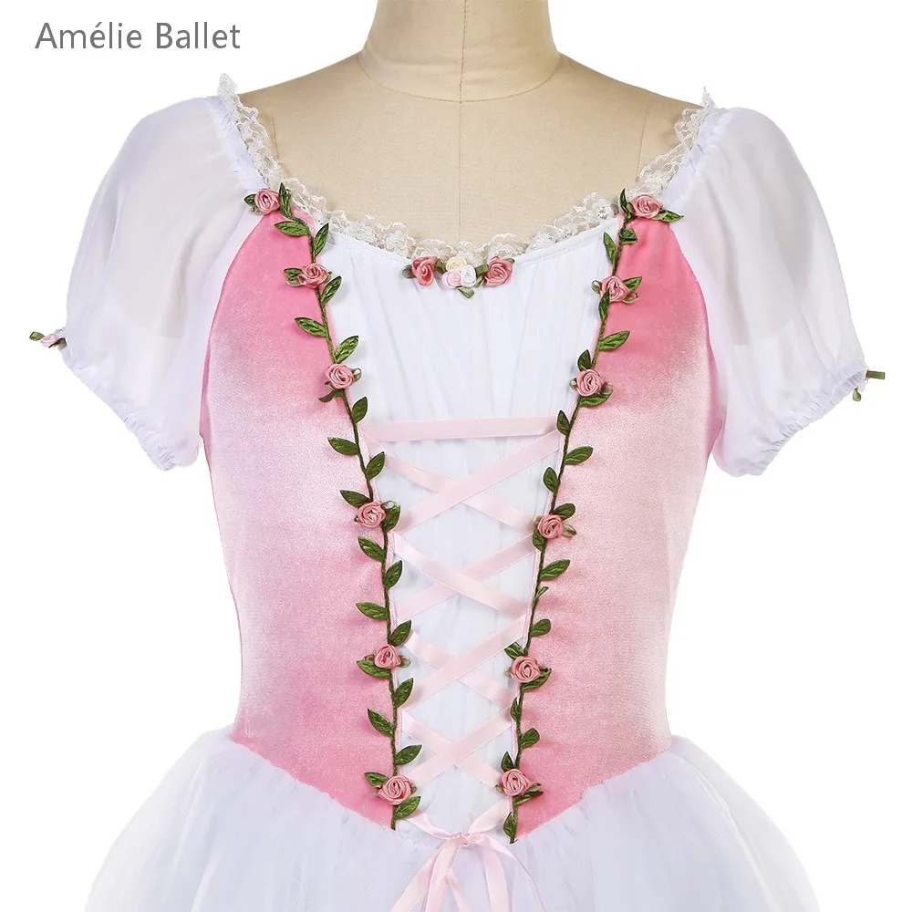 

25047 New Ballet Costumes Pink Velvet top with White Tulle Tutu Skirt Adult Girls Short Sleeves Romantic Long Ballet Costumes
