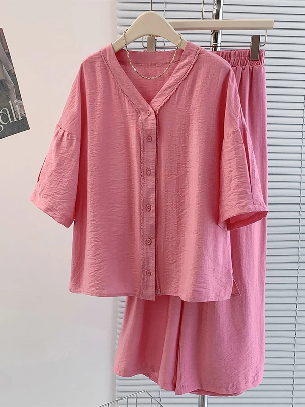 

Летний комплект из хлопка и льна, женские широкие брюки с v-образным вырезом, тонкая модная одежда для мам, укороченный костюм из двух предметов для мяса