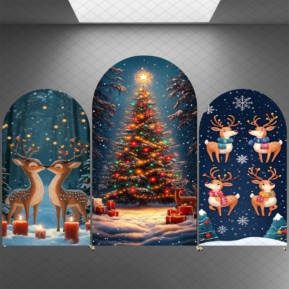 Mocsicka Weihnachtsbogen-Hintergrund, Winter, Schnee, Baum, Hirsch, Dekoration, Kinder, Geburtstag, Familie, Urlaub, Party, gewölbter Hintergrund