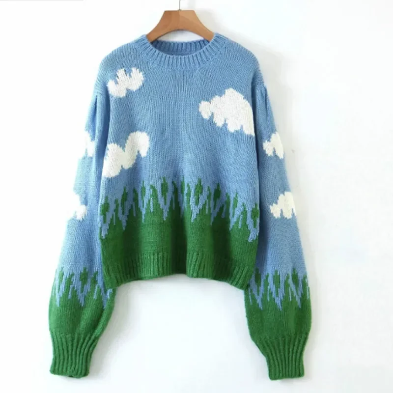 Winter Women's Pullover Cloud Print Knitted Sweater Long Sleeve New Style Ladies Casual Fashion Ladies Sweaters