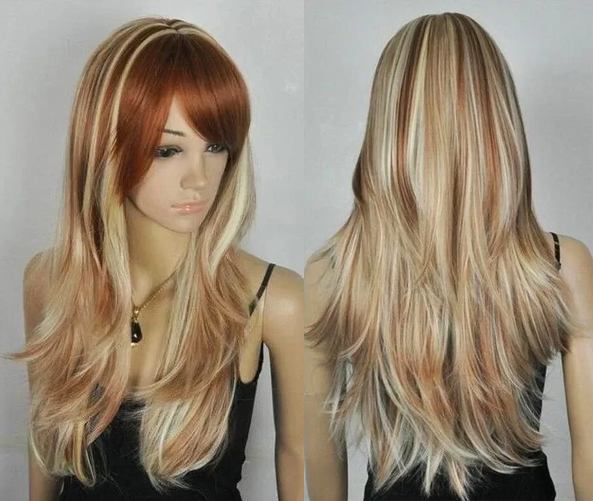 Peluca de pelo de Cosplay para mujer, pelo largo mezclado, marrón, Rubio, salud, encantador, envío gratis