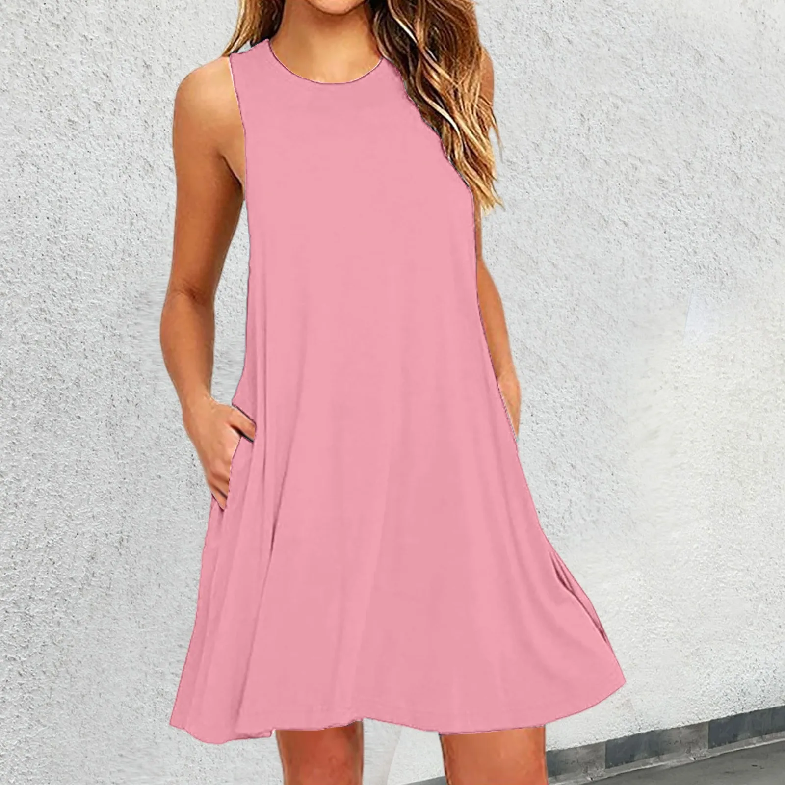 

Fashion Womens Casual Solid Dress Pockets Sleeveless Above Knee Length Dress New Fashion Simple Versatile Women's Clothing 2024