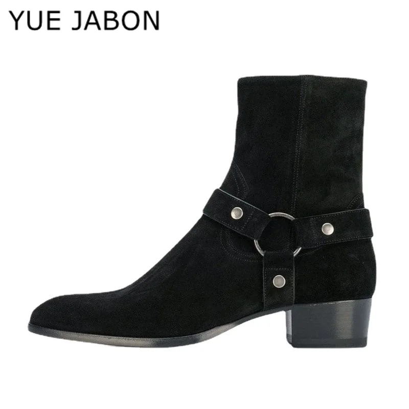 

Basic Black Men Chelsea Boots Buckle Side Zipper Cow Suede Ring Shoes Business Casual Street Men Western Boots Chaussure Homme