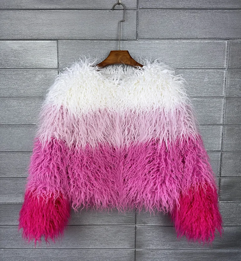 امرأة فو فرو منك معطف تقليد الثعلب الفراء سترة الوردي الوردي التدرج اللون الشاطئ الصوف المرقعة سترة لامب فروي سترة القمم