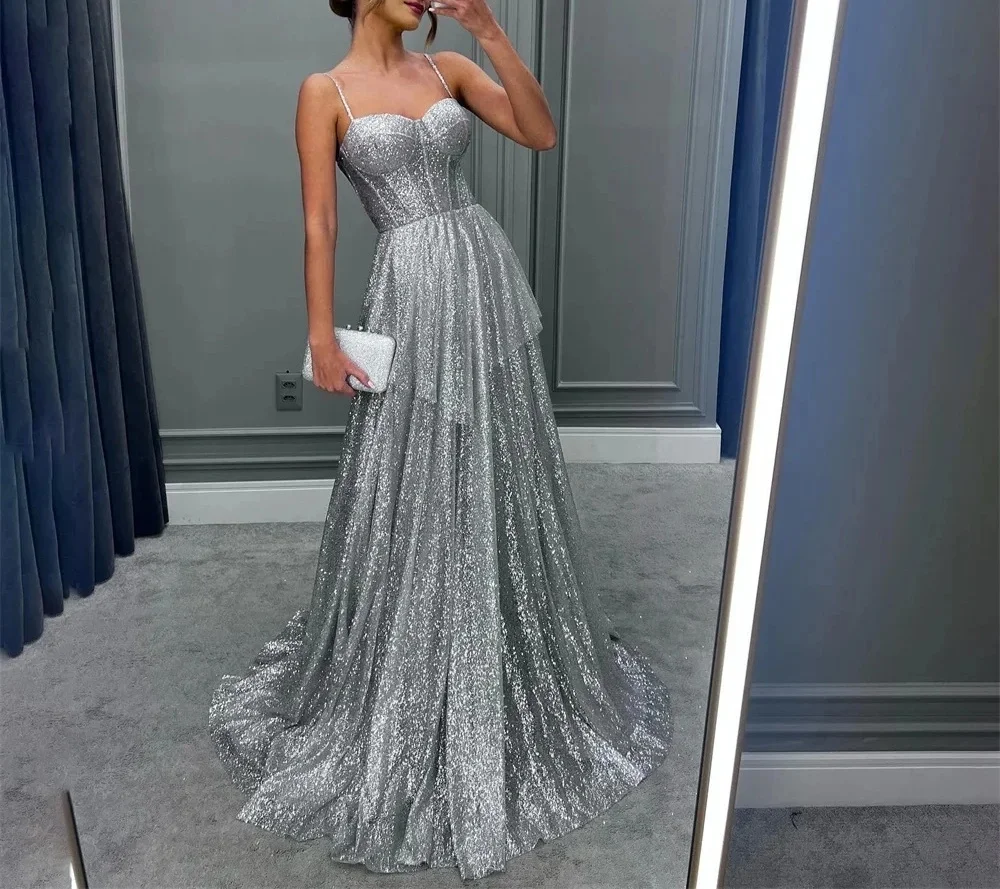 Sexy long silver shiny satin dress A-line sweetheart backless evening dress formal party dance dress customization