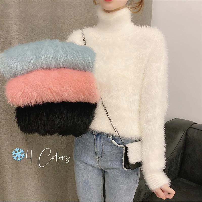 Autumn Winter 2024 Mink Cashmere Sweater Women Basic Knitted Pullover Elegant Soft Ladies Clothes Loose Casual F181