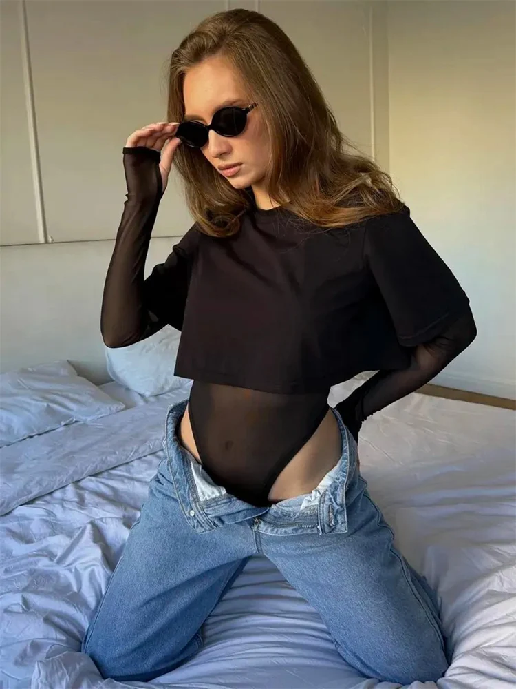 

Trendix Sheer Mesh Long Sleeve Crop Top Women Black Sexy Bodycon Bodysuit Street Hollow Out Jumpsuit Club Party Y2k Lingerie Top