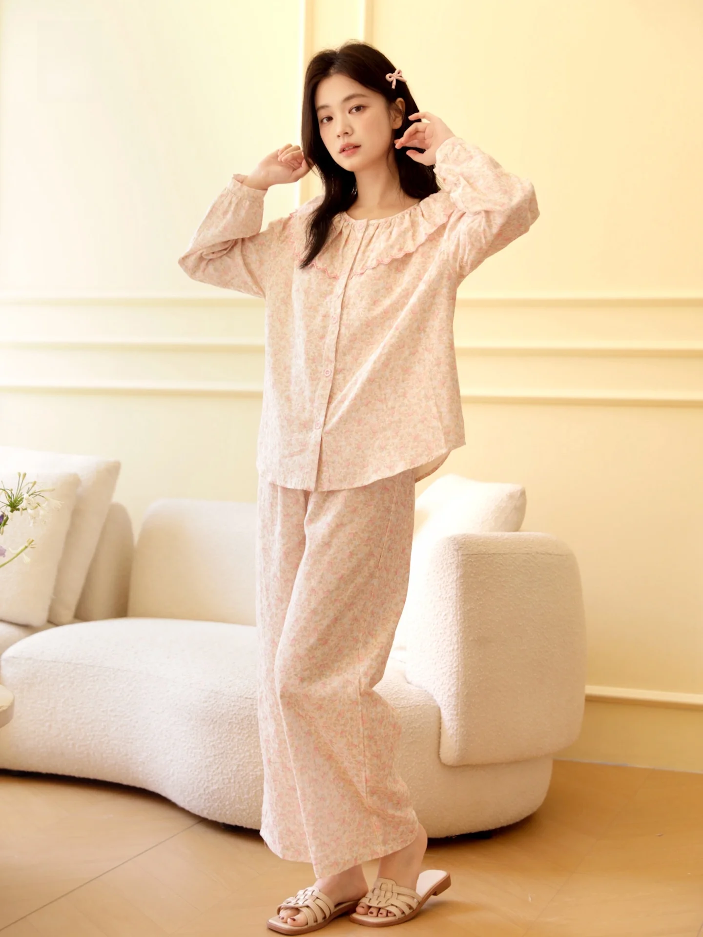 class-a-maternity-cotton-double-layer-muslin-long-sleeve-long-pants-home-clothes-embroidered-floral-print-home-comfortable-wear