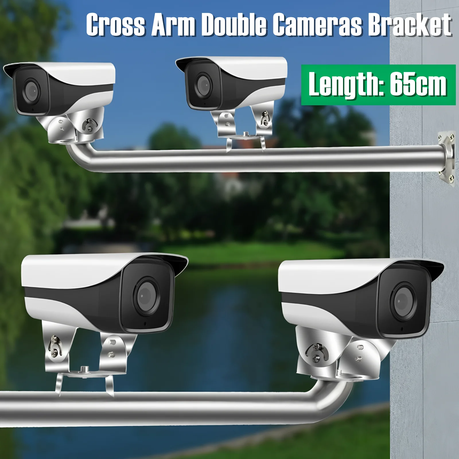 L-Shaped Security Dual Camera Mounting Bracket 65cm Extended Horizontal Arm Stainless Steel Universal Bracket for Double Cameras