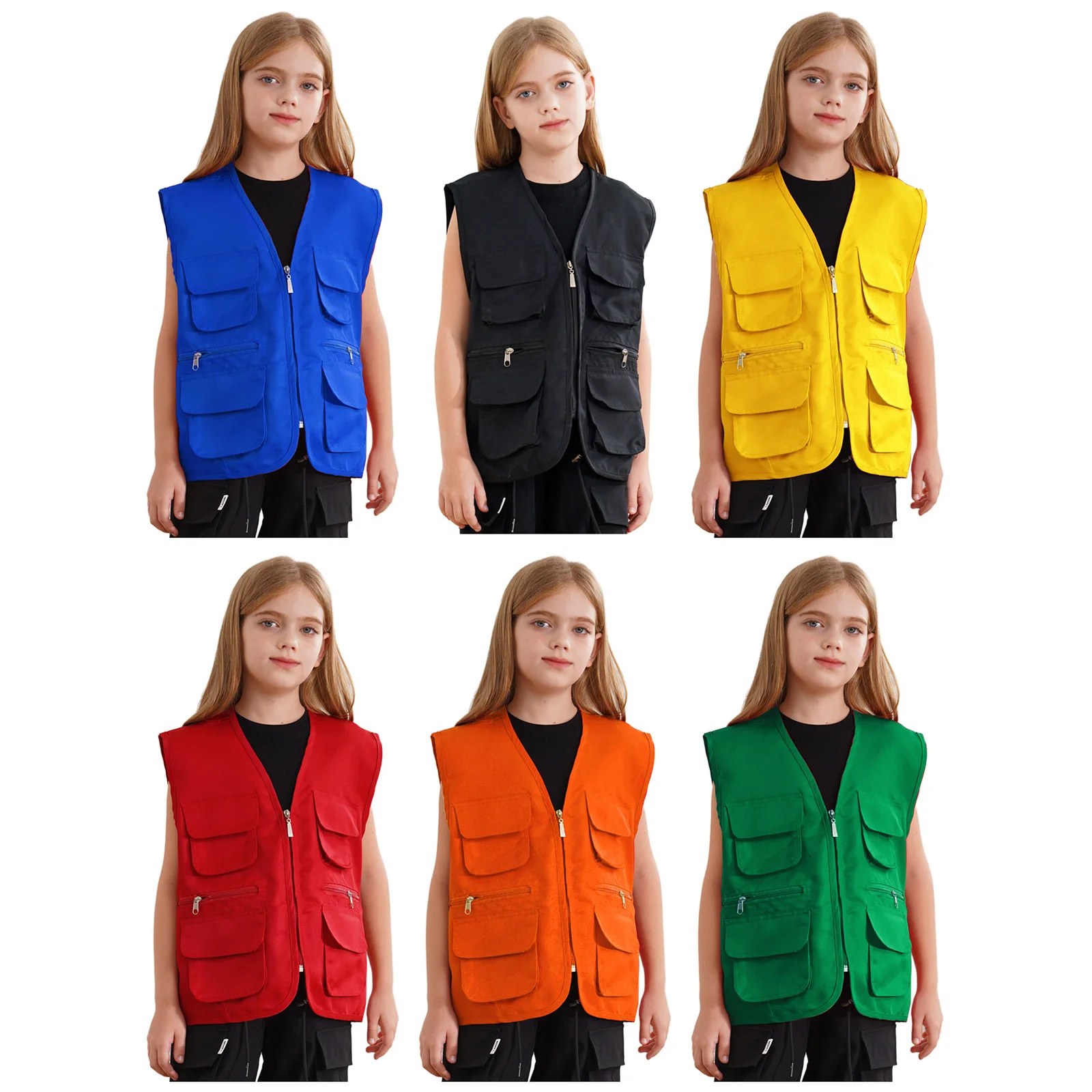 Boys Girls Multi-Pocket School Work Wear Zipper Jacket Tops Waistcoat School Volunteer Activity Safety Vests Uniform Coats