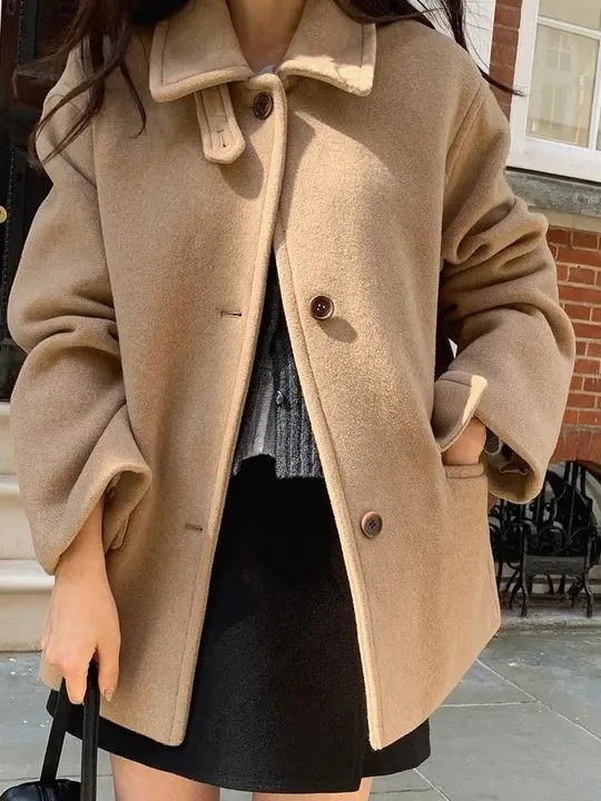 

Новое зимнее шерстяное пальто цвета хаки с высоким воротником и одной пуговицей в стиле ретро, женское модное длинное пальто свободного покроя