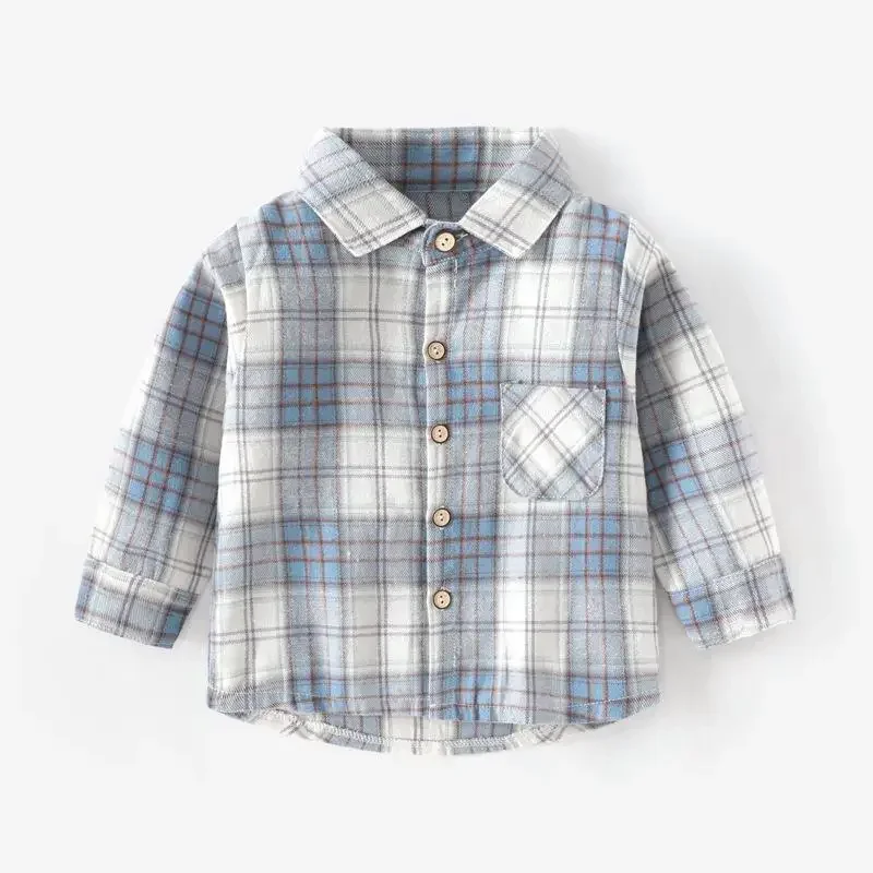 2024 Spring Autumn Children Long Sleeves Shirt Fashion Plaid Top New Girl Boy Polo Collar Casual Single Breasted Outing Clothing