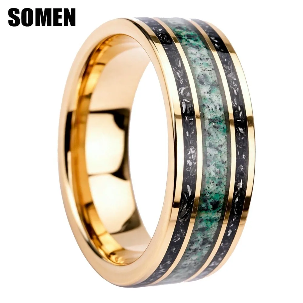 Somen 8mm Flat Gold Color Tungsten Ring For Men Moss Agate & Meteorite Inlay Wedding Band Engagement Jewelry Comfort Fit Bague
