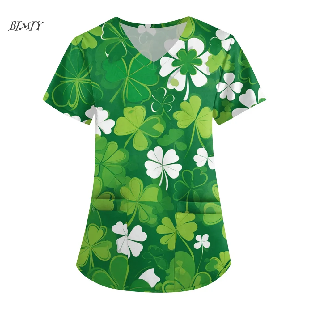 Uniforme médical pour femmes de la Saint-Patrick, hauts pour femmes, uniformes d'infirmière à manches courtes imprimés d'amour, t-shirt haut graphique vert 2025