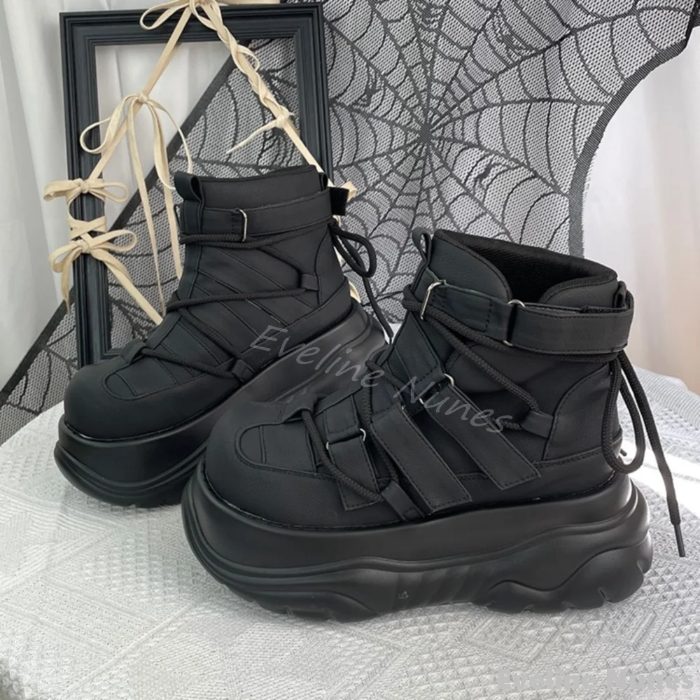 Gothic Dark Punk Rock Ankle Boots Women Round Toe Platform Hook & Loop Cross Strap Casual Shoes New Fashion Hotties Short Boots