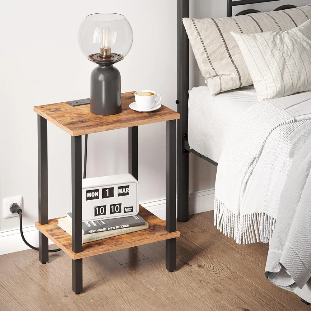 End Table with Charging Station, Side Table with USB Ports and Outlets, Nightstand, 2-Tier Storage Shelf, Sofa Table for