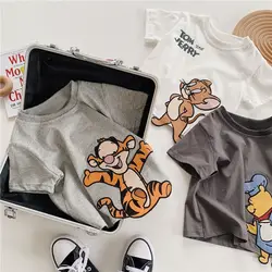 Disney Tigger Winnie The Pooh Children's Cartoon Embroidery Three-dimensional Short-sleeved Cotton Summer Boys Girl T-shirt Top