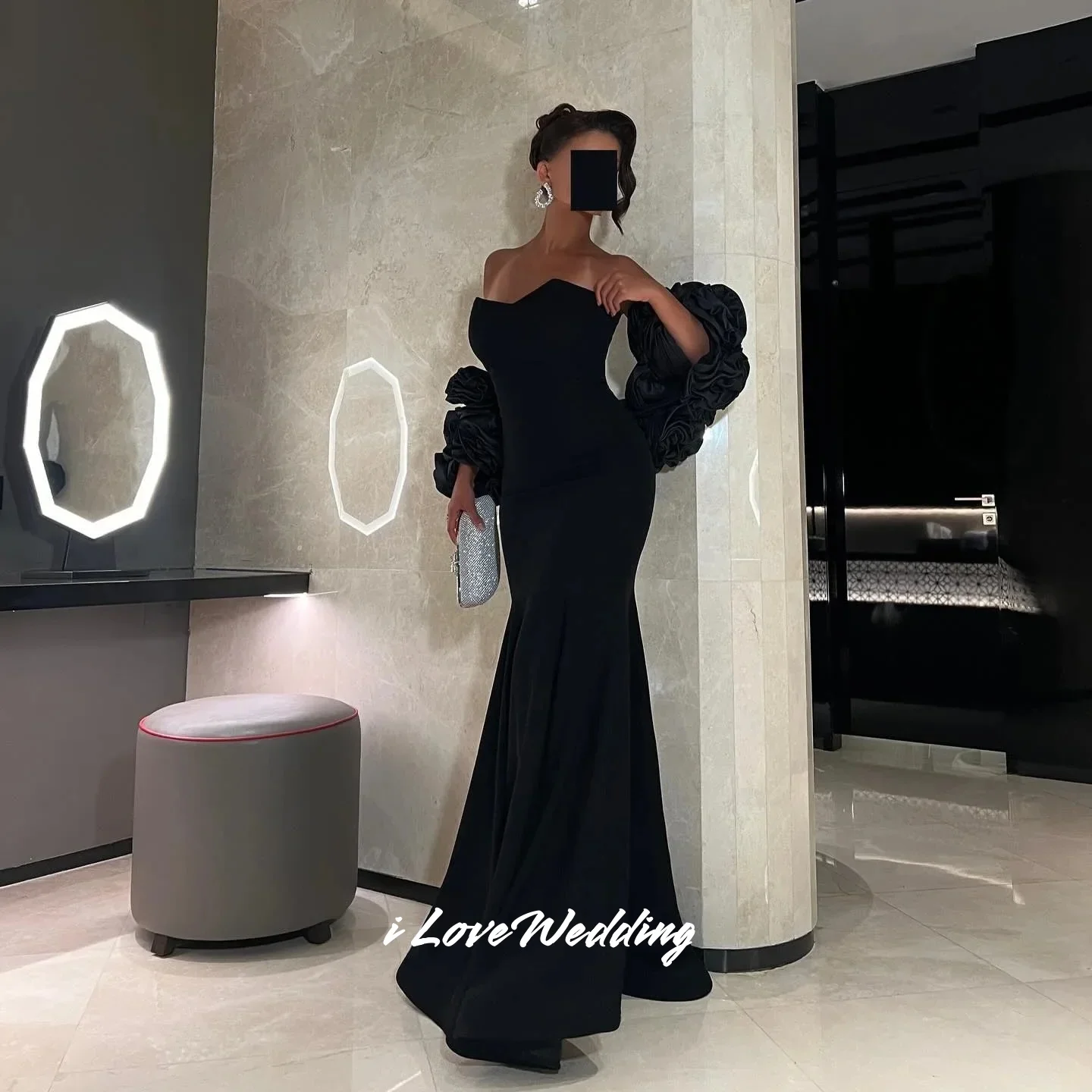 فساتين سهرة سوداء بدون حمالات 2025 بدون أكمام شال حورية البحر زهور ثلاثية الأبعاد طول الأرض فستان حفلة موسيقية فستان حفلات الزفاف مخصص