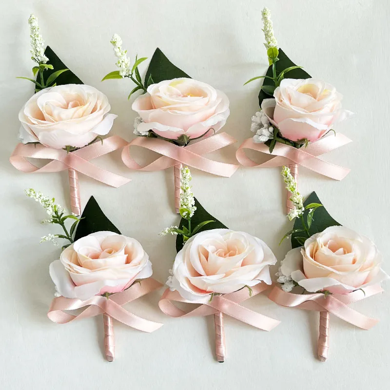 6PCS พรหมดอกไม้งานแต่งงานที่กําหนดเอง Boutonniere แฟนดอกไม้สีชมพูสร้อยข้อมือ Corsage ข้อมืออุปกรณ์เสริมประดิษฐ์ Rose