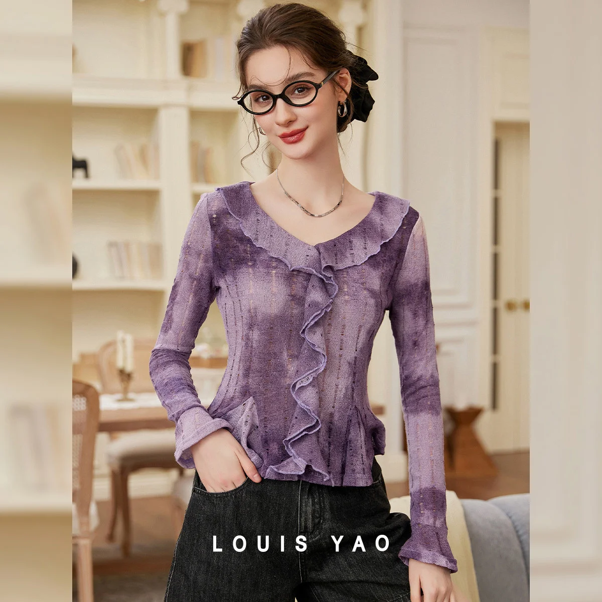

LOUIS YAO Women's T-Shirt 2026 Spring Sweet Tie-Dye Ruffled Long Sleeve T-Shirt Romantic Pullover Slim Fit Women's Tee