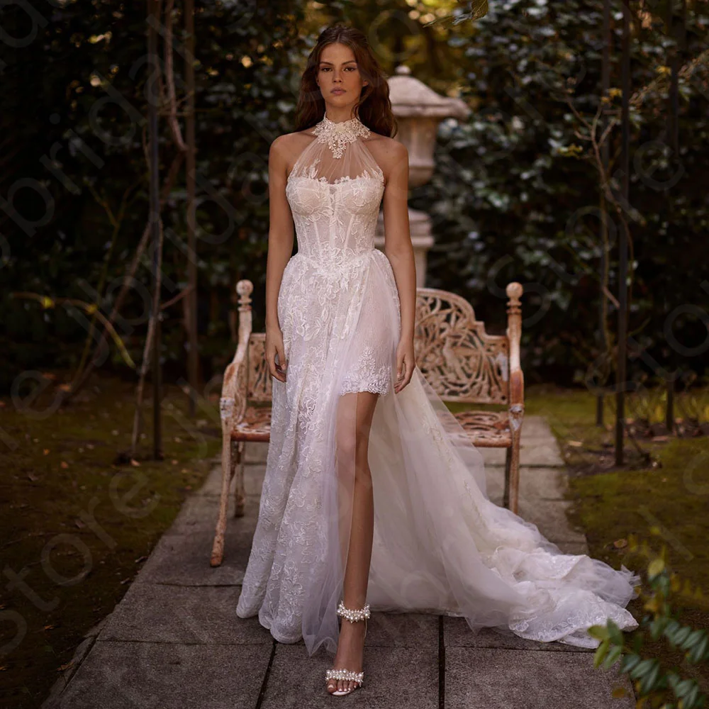 

Customized Latest Princess Wedding Dresses Lace Sleeveless Bridal Gowns Halter Neck Bride Dresses Thigh Slit Wedding Gowns 2025