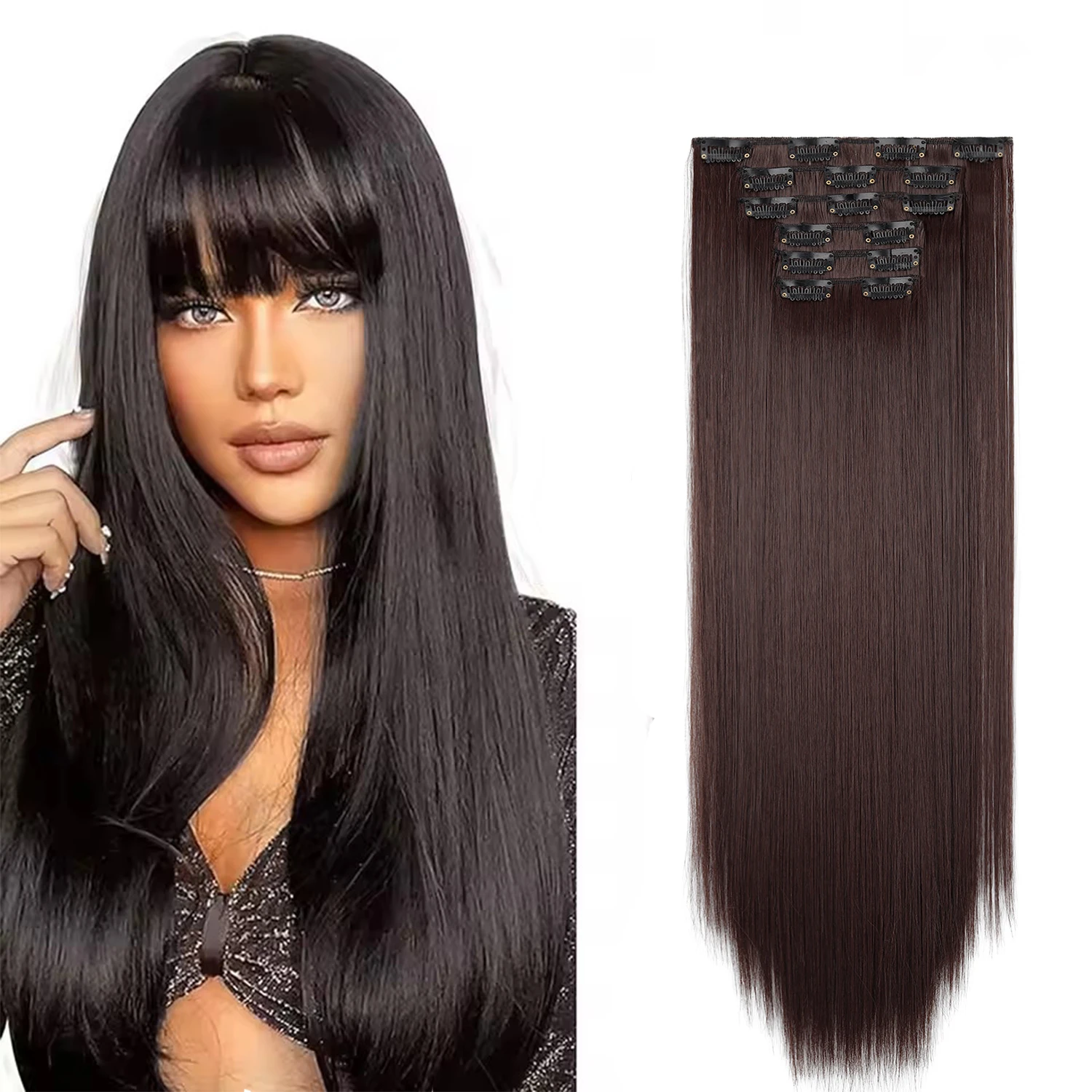 6Pcs/Set Synthetic Clips in Hair Extensions For Full Head 24Inch Long Straight Heat Resistant False Hair With 16 Clips For Women