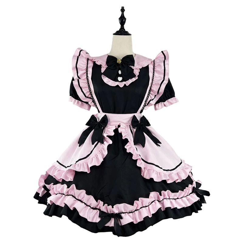 Harajuku Black And Pink Maid Outfit Kawaii Lolita Dress Femme Cos Sweet Girly Cat Bow Suit Birthday Prom Short Dresse Girl Women