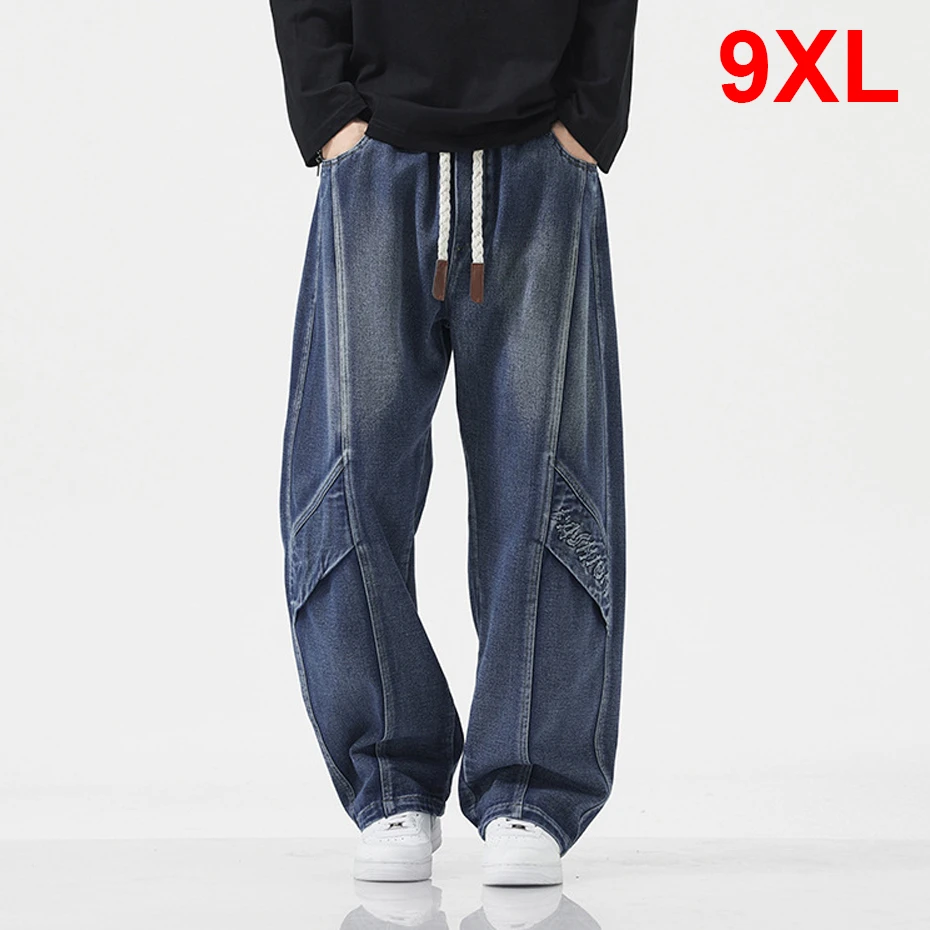 

9XL Plus Size Straight Jeans Men Harajuku Vintage Denim Pants Stretch Waist Baggy Jeans Male Big Size Denim Pants