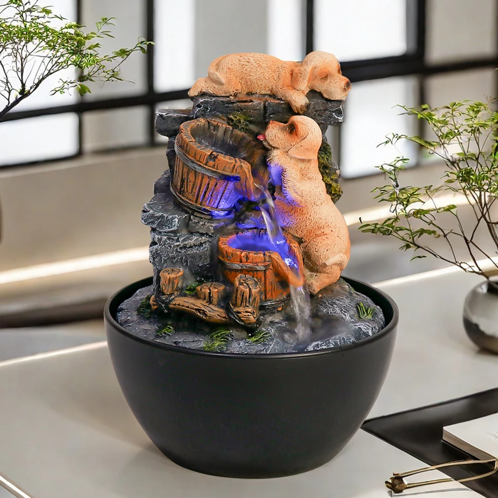 Brownish-yellow Puppy Resin Barrel Hand-painted Irregular Shape Blue Light Flowing Water Carving Fountain Decoration Piece