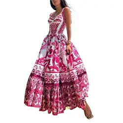 Summer Women's Bohemian Sling Long Dress 2025 Spring New Holiday Beach Female Elegant Big Swing Print Sleeveless A-line Dresses