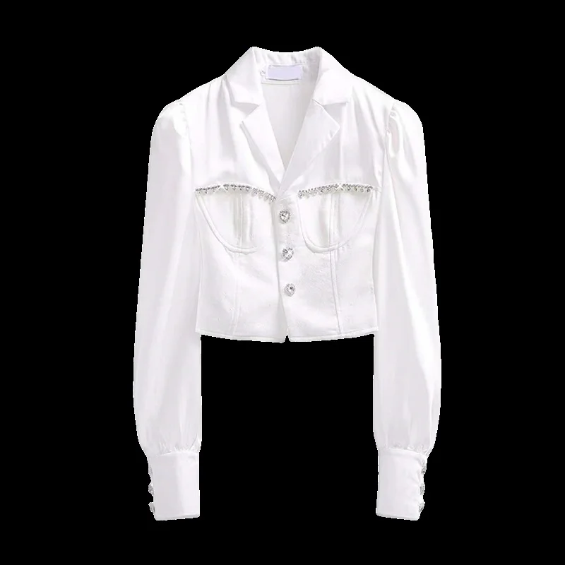 Chic Summer Women Rhinestones Satin Blouse White Faux Silk Diamonds Beaded Shirts Slim OL Long Sleeve Crystal Cardigan Crop Tops