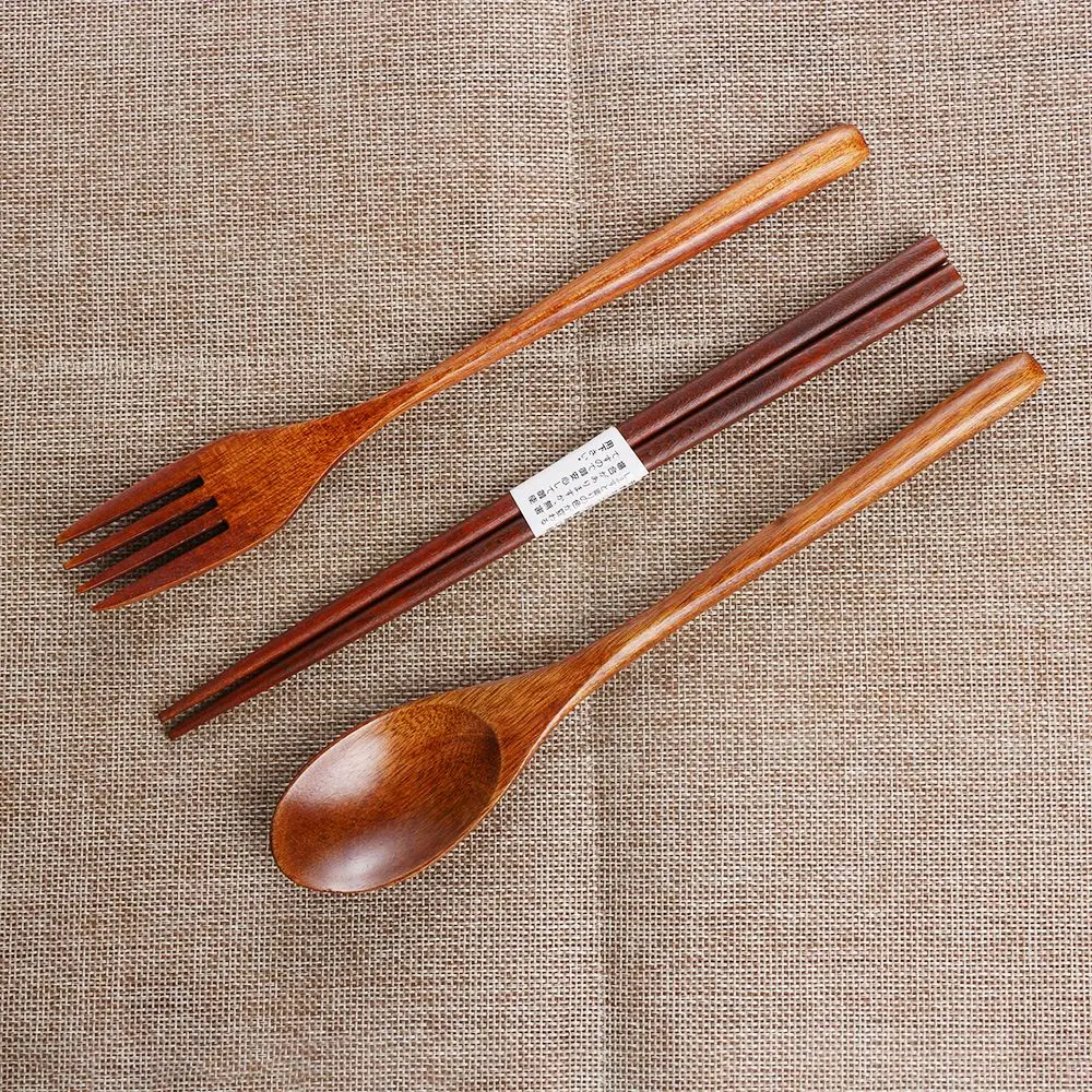 Kitchen Cutlery Set Japanese Style Portable Spoon Fork Chopsticks  Cloth Bag Wooden Natural