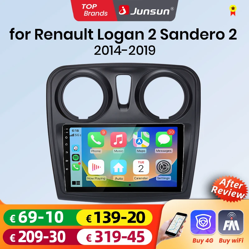 Autoradio Android Auto Junsun pour Renault Logan 2 Sandero 2014 2015 2016 2017 2018 2019, système multimédia intelligent sans fil Apple CarPlay, écran tactile IPS, lecteur vidéo stéréo, autoradio 2 Din, navigation BT GPS 4G WIFI FM AM DSP RDS SWC