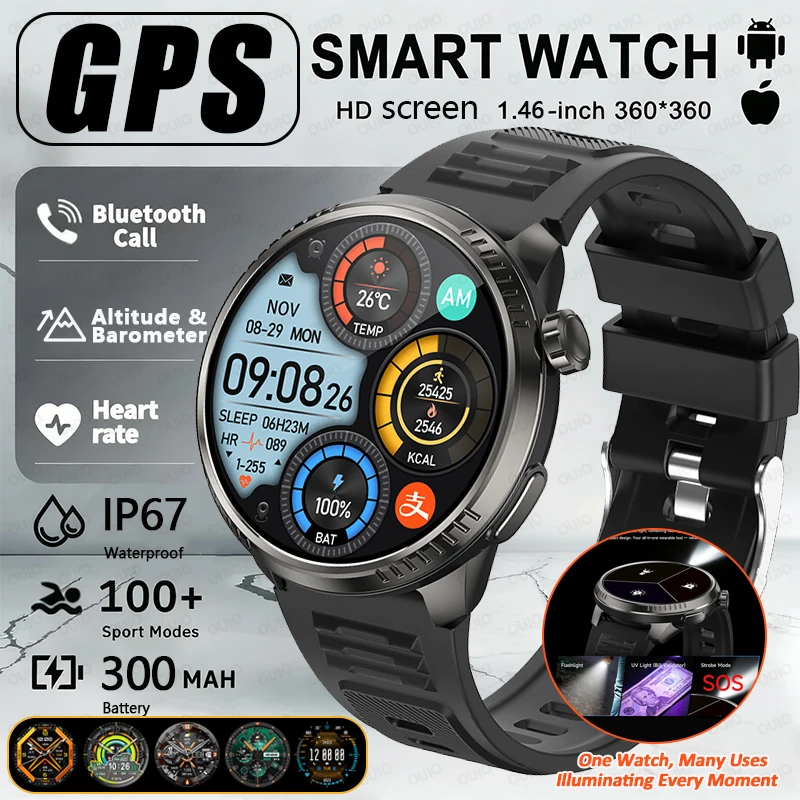 

2026 New Outdoor Smart Watch GPS Track Tracking SOS LED Flashlight Heart Rate Blood Oxygen IP67 Waterproof BT Call Smart Watch