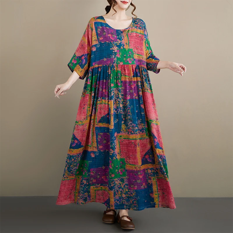 

Bohemian Style round Neck Short Sleeve Midi Dress Loose Fit Summer Vacation Casual Print for Middle-Aged And Elderly Women