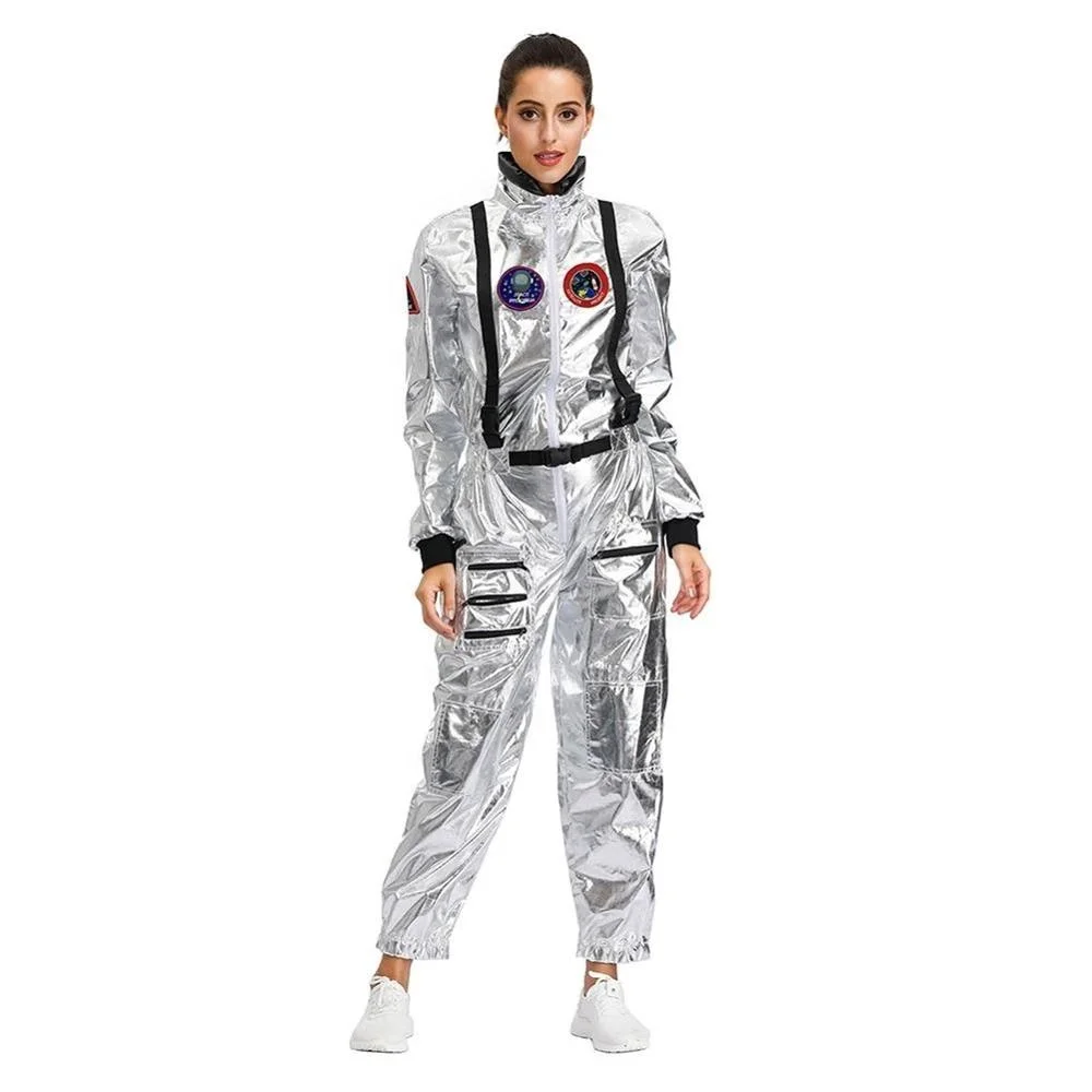 

Women Halloween Astronaut Costume Adult Sliver Cosplay Jumpsuit Lady Outer Space Cosplay Costume