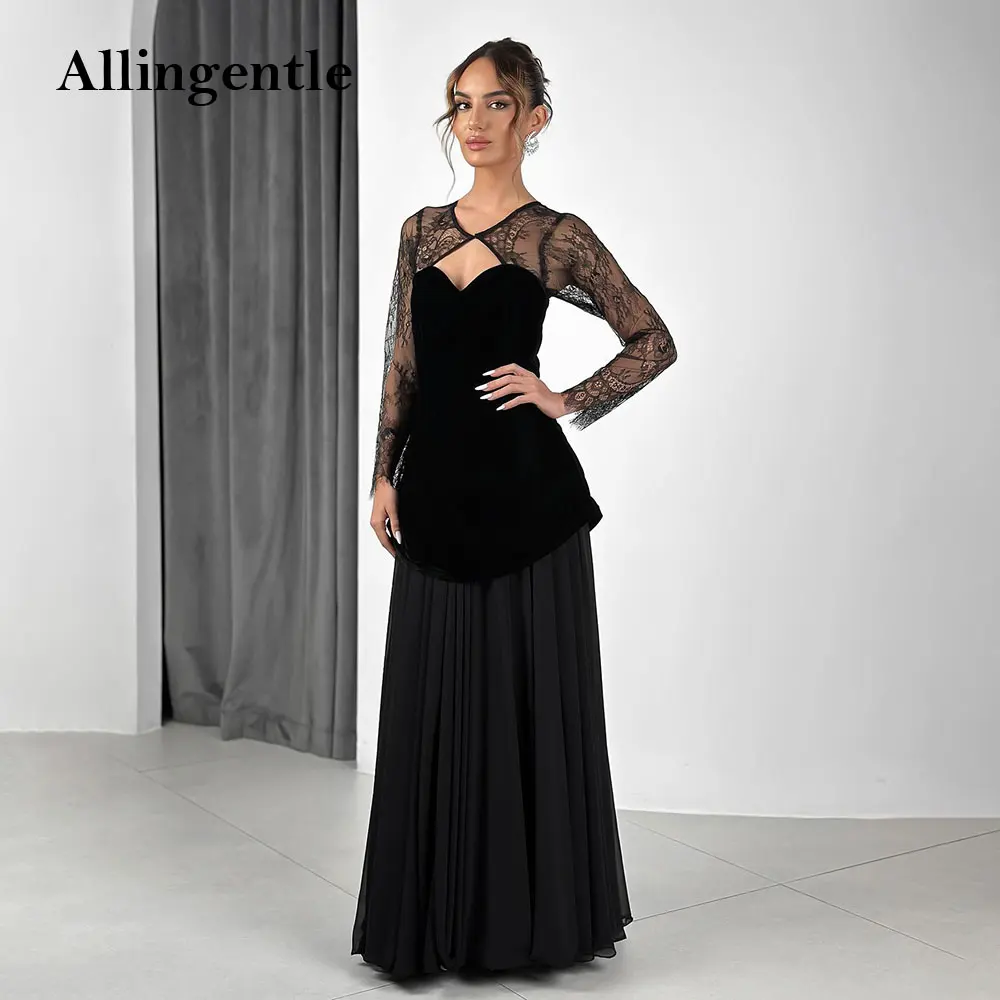 

Элегантные черные платья для выпускного вечера трапециевидной формы длиной до пола, вечернее платье с длинными рукавами, простые модные кружевные драпированные повседневные вечерние платья по индивидуальному заказу