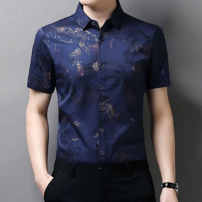 2024 Men's Summer Dragon Print Shirt Thin Breathable Casual Lapel Short Sleeve Dragon Print Tee