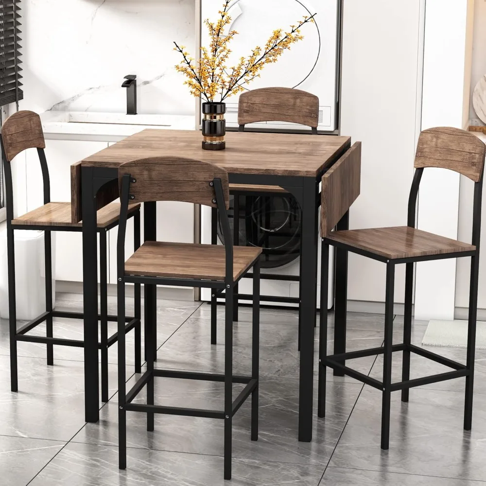 

5 Piece Counter Height Drop Leaf Dining Table Set with Dining Chairs for 4, Farmhouse Metal Kitchen Table Set for Kitchen