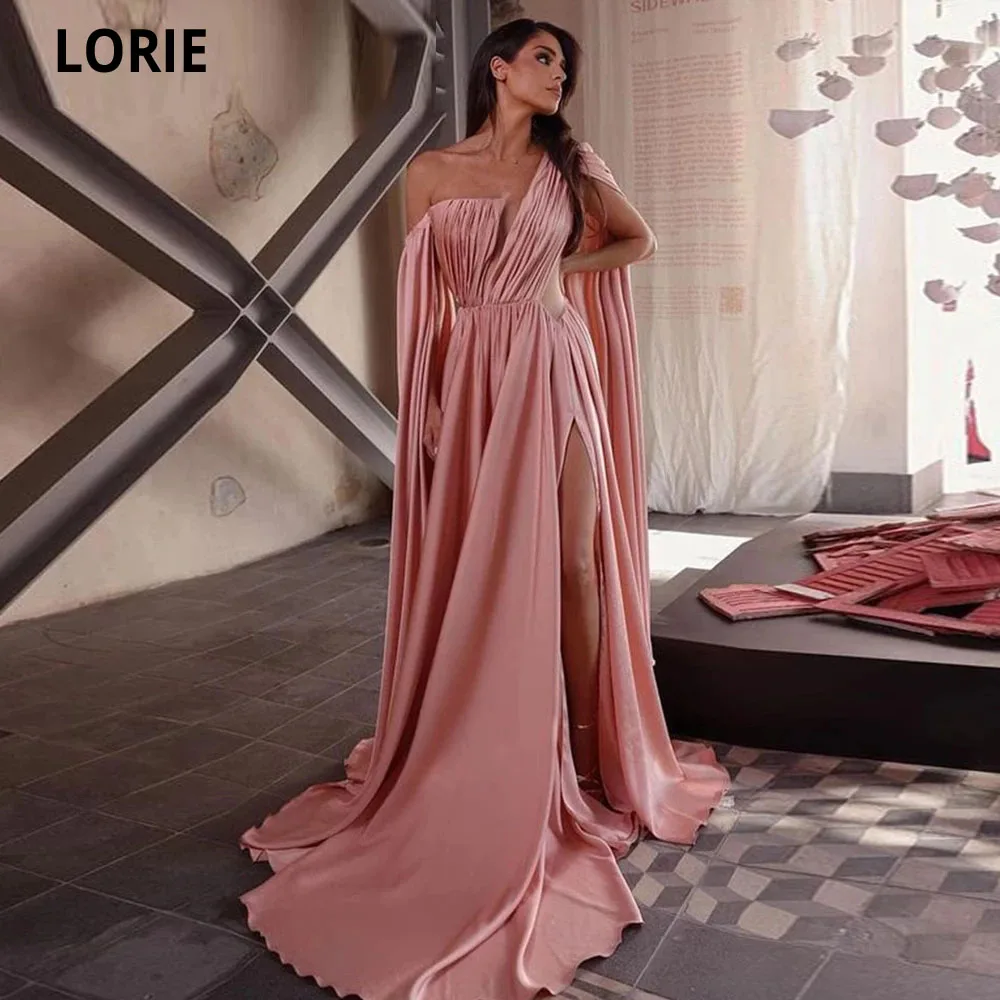 

LORIE Dusty Pink A-Line Long Prom Dresses One Shoulder Side Split Evening Party Gowns Satin Pleat Saudi Arabia Robes De Soirée