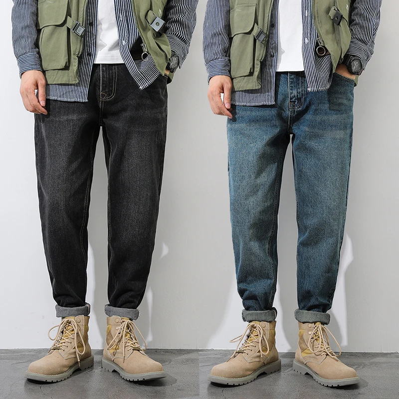 

Мужские джинсы-шаровары в стиле ретро, американские, из денима, повседневные, свободные, эластичные, больших размеров, весна-лето, молодежные, модные, длинные