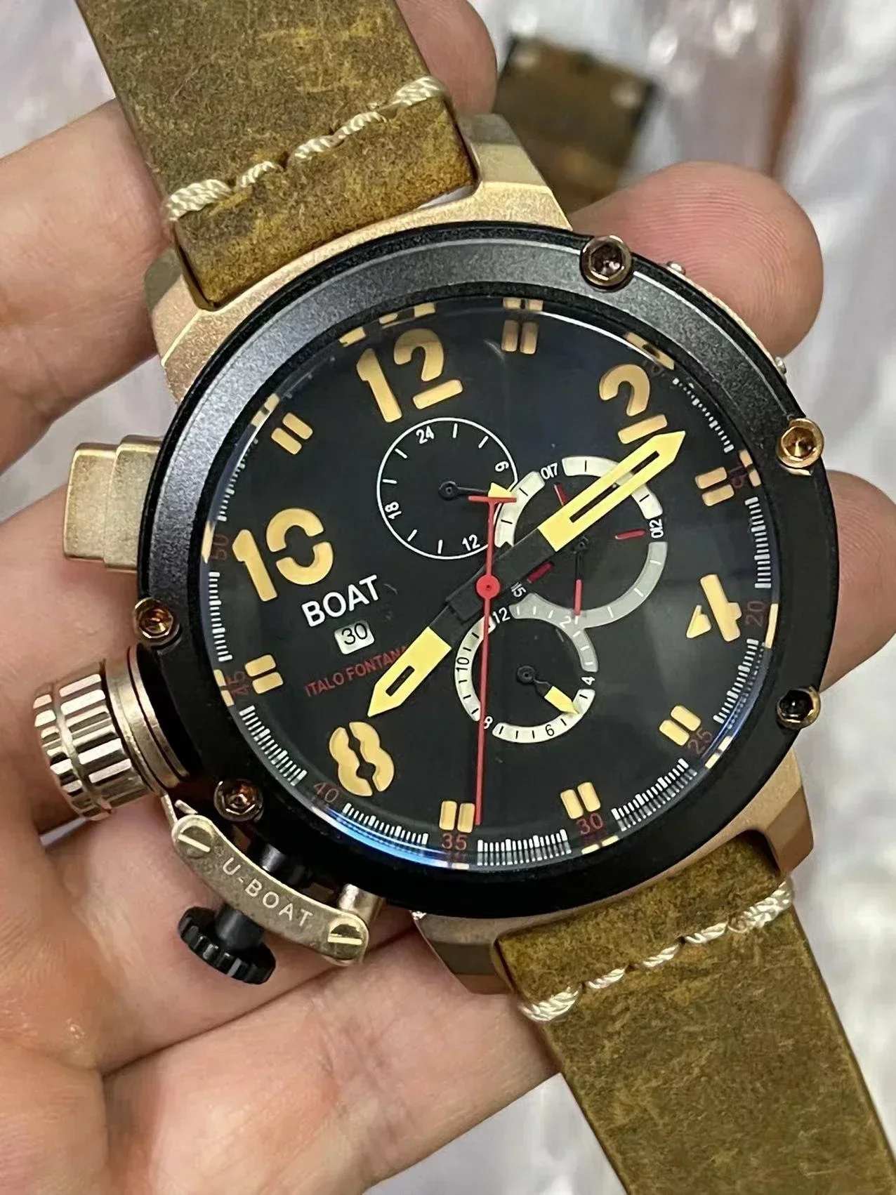 Luxury New Mens Automatic Mechanical U Watch Black Case Aged Cow Leather Brown Boat U51 Wristwatch Relogio Masculino