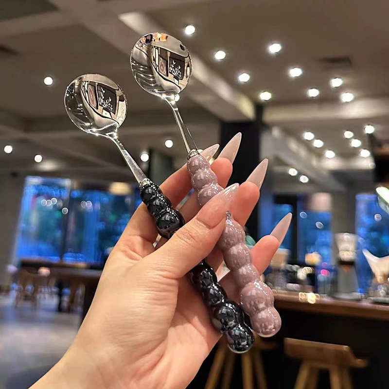 Pearl Handle Spoon Stainless Steel Stirring Spoons Ice Cream Cake Dessert Spoon Bar Kitchen Accessories Party Cutlery Gadgets