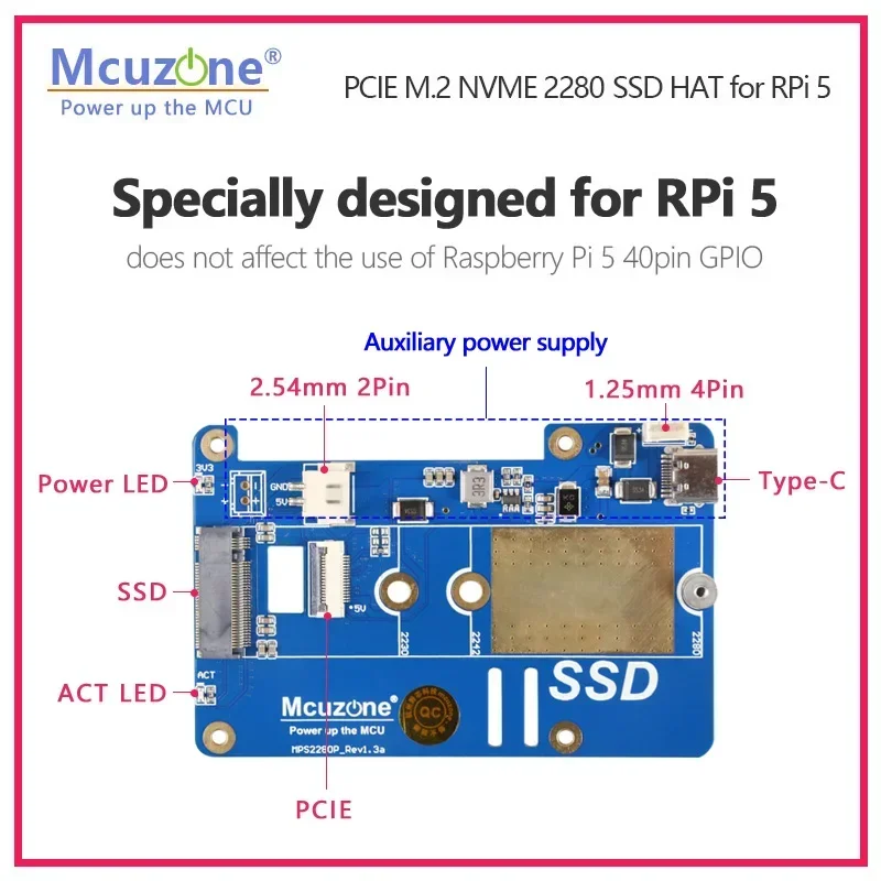 New MPS2280P PCIE M.2 NVME SSD HAT for Raspberry Pi 5, support 2280 2230 2242 Gen 3 , AUX power to SSD 3A